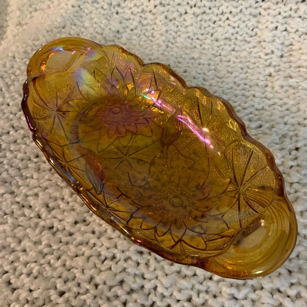 Vintage Oval Carnival Glass amber candy dish.